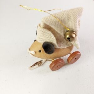 Vtg XMas Gibson Wooden Mouse Ornament  Burlap Hat With Leatherette Ears Pull Toy